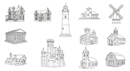 Obraz premium Collection of Hand Drawn Architectural Building Sketches.