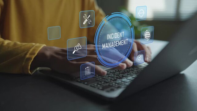 Digital incident management process concept. User using laptop with alert notification and problem solving icons, service management, system monitoring and incident response.