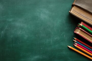 School supplies on a green chalkboard with copy space.
