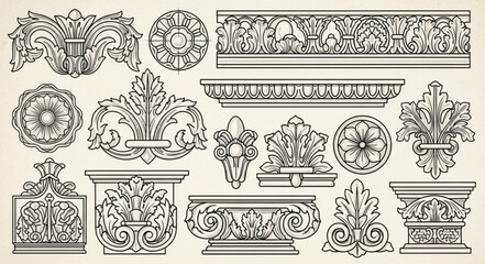 Collection of Ornate Architectural Decorative Elements and Borders. © arjuna davin