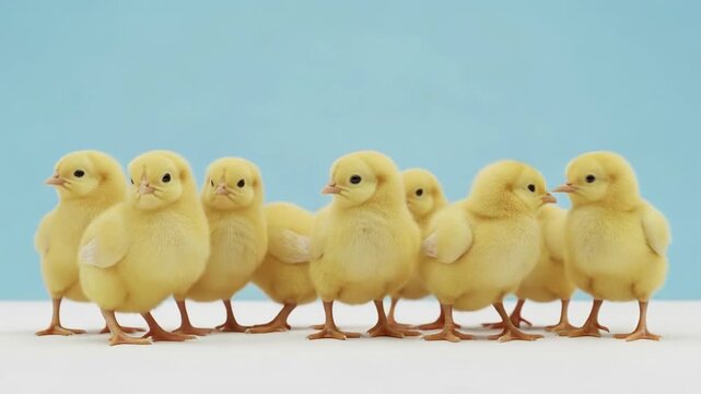 A group of adorable yellow chicks standing in a line on a white surface against a light blue background