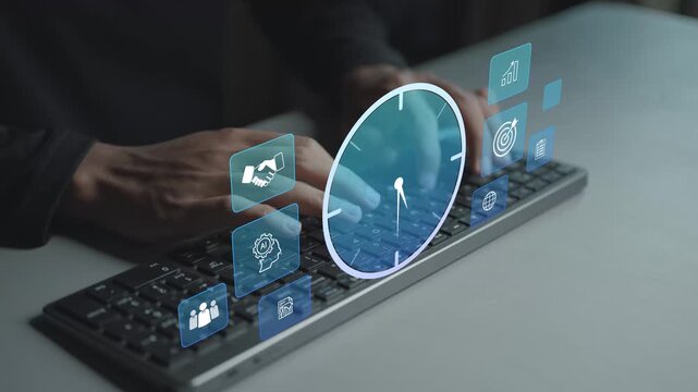 Digital time management system concept. Person typing keyboard with clock and task management icons, productivity improvement, scheduling and effective work planning.