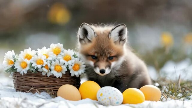 Adorable fox cub with basket of daisies and colorful eggs in snowy field. Easter, Pascha, Paskha, Ostern, Pascua, Paques - Orthodox and Catholic Holiday celebration