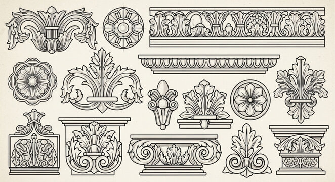Collection of Ornate Architectural Decorative Elements and Borders.