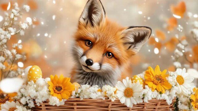 Adorable red fox with basket of spring flowers and easter eggs. Easter, Pascha, Paskha, Ostern, Pascua, Paques - Orthodox and Catholic Holiday celebration