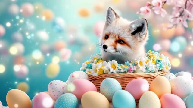 Adorable fox in basket surrounded by colorful easter eggs and flowers. Easter, Pascha, Paskha, Ostern, Pascua, Paques - Orthodox and Catholic Holiday celebration