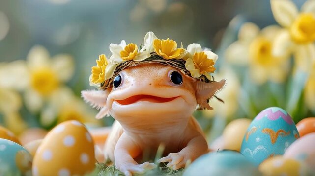 Adorable lizard with flower crown surrounded by colorful easter eggs in spring setting. Easter, Pascha, Paskha, Ostern, Pascua, Paques - Orthodox and Catholic Holiday celebration