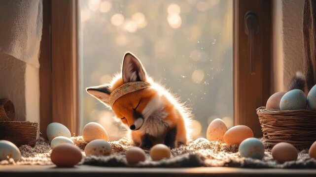 Adorable fox cub surrounded by colorful easter eggs by a sunlit window. Easter, Pascha, Paskha, Ostern, Pascua, Paques - Orthodox and Catholic Holiday celebration