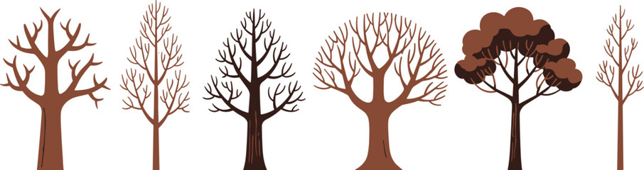 Large collection of various tree illustrations including realistic green foliage colorful handprints and black silhouettes isolated on white background © IconicCreations