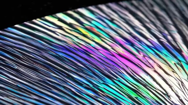A macro close-up of fine, curved grooves shows shifting rainbow iridescence, with parallel lines sweeping diagonally and a glossy sheen fading into a deep, dark background.