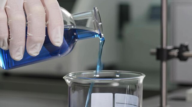 Scientist pouring blue chemical solution into laboratory beaker during experiment, close up research process illustrating chemistry analysis, scientific testing, pharmaceutical development, 
