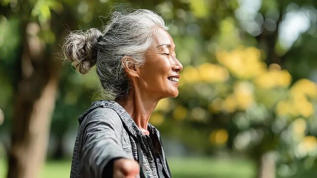 An older Asian woman is radiating happiness and embracing the outdoor space with open arms, suggesting a sense of freedom, vitality, and positive agin