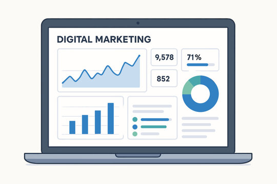 Digital marketing dashboard on laptop screen showing analytics and growth charts
