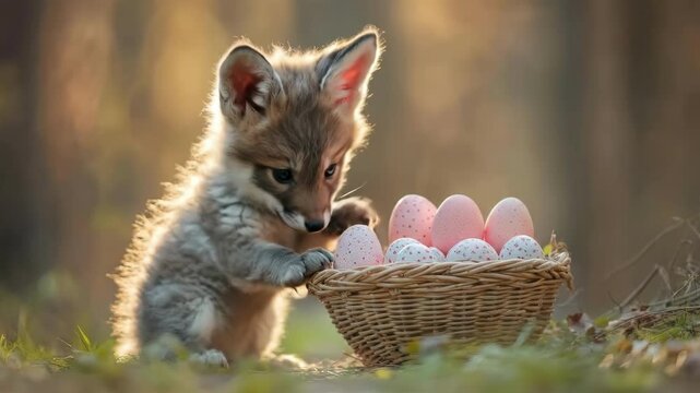 Adorable fox-like puppy with easter egg basket in sunlit forest setting. Easter, Pascha, Paskha, Ostern, Pascua, Paques - Orthodox and Catholic Holiday celebration