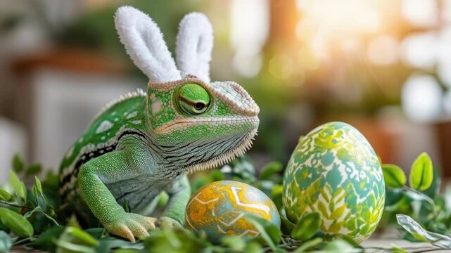 Chameleon with bunny ears among colorful easter eggs and greenery. Easter, Pascha, Paskha, Ostern, Pascua, Paques - Orthodox and Catholic Holiday celebration