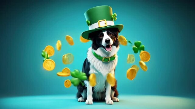 Border collie dog wearing green leprechaun hat and collar among shamrocks and gold coins. St. Patricks Day celebration graphic.