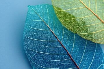 Close-up of two translucent skeleton leaves, one blue and one green, showcasing intricate vein patterns on a complementary blue background.