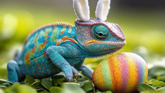 Colorful chameleon with bunny ears and easter egg in nature. Easter, Pascha, Paskha, Ostern, Pascua, Paques - Orthodox and Catholic Holiday celebration