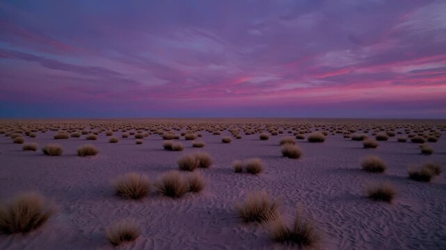A vast desert plain stretches to the horizon beneath violet and pink dusk, scattered with round tufts of dry grass on pale sand; streaked clouds glow softly as silence settles across the open expanse.