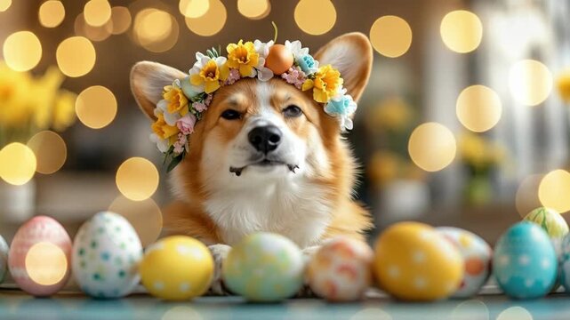 Adorable corgi wearing flower crown with colorful easter eggs on display. Easter, Pascha, Paskha, Ostern, Pascua, Paques - Orthodox and Catholic Holiday celebration