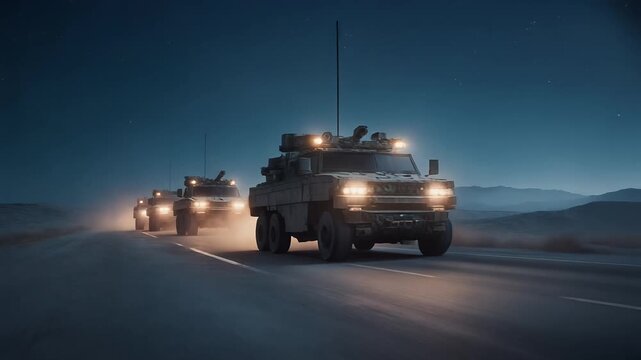 Armored military convoy driving along desert highway at night.