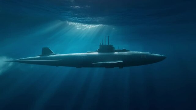 Sleek military submarine cruising silently through deep ocean.