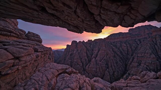 A rugged canyon of layered sandstone is framed by a low rock overhang at dusk; violet and orange light wash the sky as the last glow edges jagged ridges, exposing deep crevices and stillness.