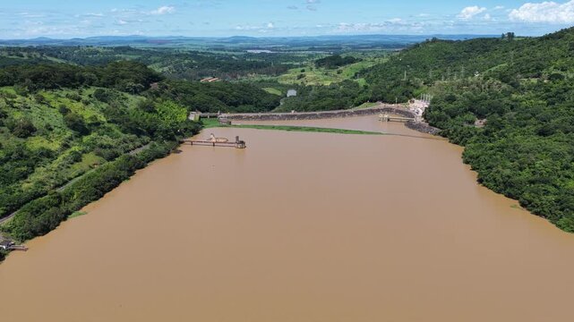 Euclides Da Cunha Hydroelectric In Sao Jose Do Rio Pardo Sao Paulo Brazil. Drone Capturing The Hydroelectric Producing Clean Energy. Recreation Falls Powerful Waterfalls Beautiful.
