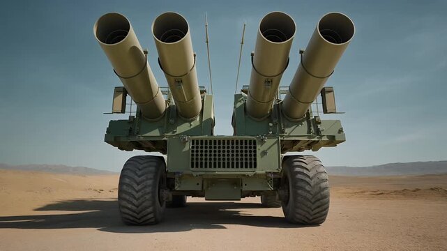 Massive rocket artillery vehicle facing camera in arid desert.