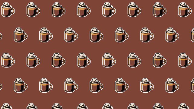 Seamless Animated Coffee Mug Pattern Background with Hot Drink Cup Icons Loopable Cafe Beverage Symbol Repeat Vector Illustration for Coffee Shop Morning Drink Barista and Cafe Menu Design