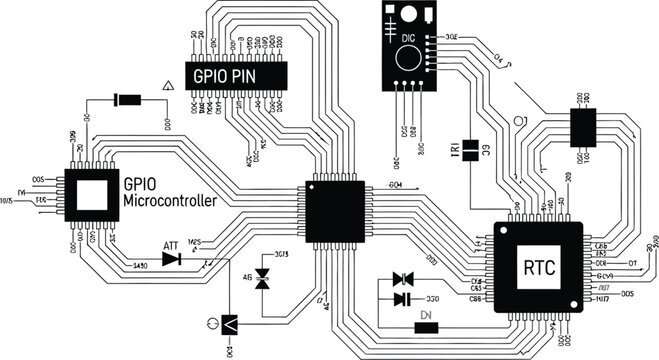 Detailed schematic diagram displays interconnected electronic components including a microcontroller, RTC, and GPIO pins on a.