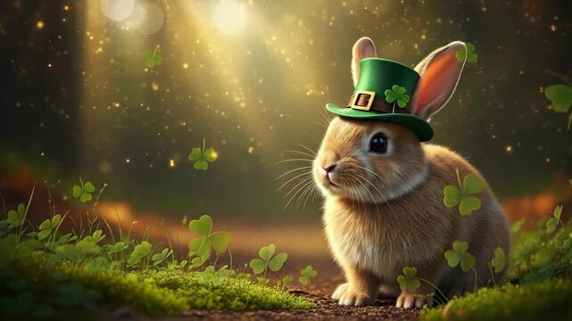 Cute rabbit wearing a green leprechaun hat sitting with shamrocks in a magical forest. St. Patricks Day celebration and lucky charm concept for holiday greeting.