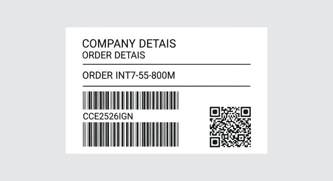 A shipping label displays company details, order information, and various machine-readable codes on a white background.