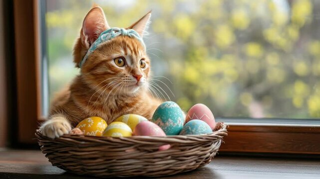 Cute ginger cat with easter eggs in basket by sunny window. Easter, Pascha, Paskha, Ostern, Pascua, Paques - Orthodox and Catholic Holiday celebration