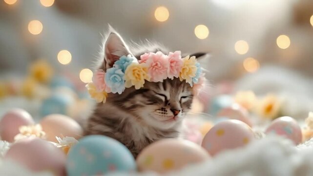 Fluffy kitten with flower crown among colorful easter eggs. Easter, Pascha, Paskha, Ostern, Pascua, Paques - Orthodox and Catholic Holiday celebration