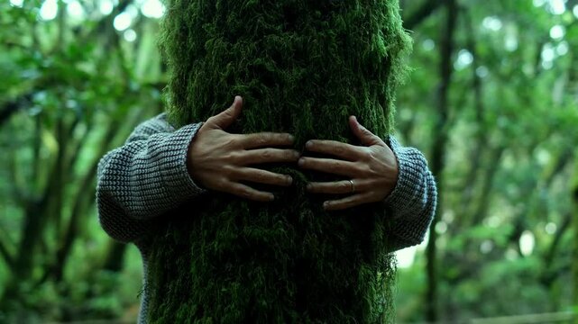 Woman hugging moss-covered tree trunk in lush green forest, fully immersed in natural environment. Wellbeing and harmony concept emphasizing connection with nature, eco-conscious living and outdoor se