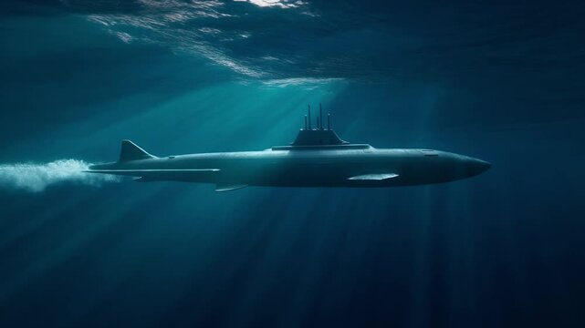 Stealth submarine gliding underwater with sunrays.