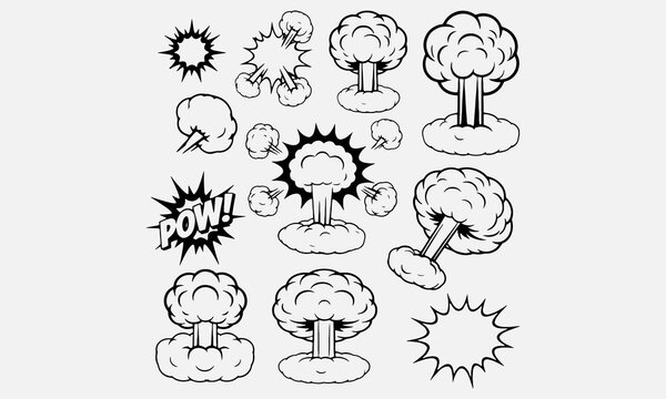 Cartoon explosions. Comic explosive detonation, game bomb blast, explose animation, explode cloud effects, crash atomic explosions