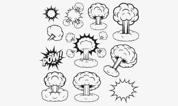 Cartoon explosions. Comic explosive detonation, game bomb blast, explose animation, explode cloud effects, crash atomic explosions