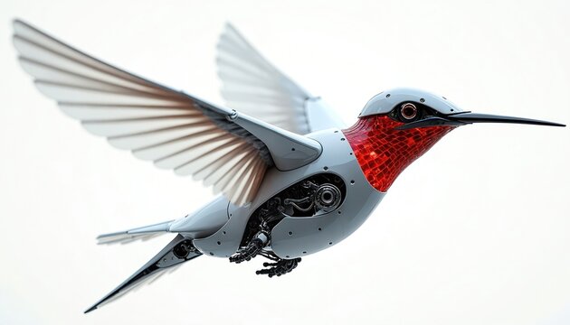 Mechanical hummingbird robot bird in flight with exposed intricate gears, wiring. Futuristic avian automaton with metallic grey body, red chest, detailed wings spread wide against white background.