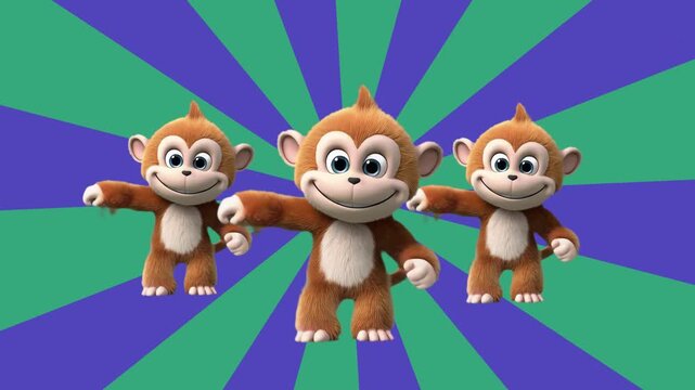 Three cheerful 3D cartoon monkeys standing in a row and dancing against a vibrant sunburst backdrop. Designed for children&rsquo;s entertainment and playful brand messaging.