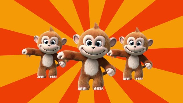 Three stylized cartoon monkeys perform a synchronized dance against a vibrant orange and yellow sunburst backdrop. This cheerful 2D/3D hybrid animation is ideal for children's content, greeting cards,