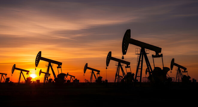 A silhouette of an industrial oil pump jack stands against a vibrant sunset sky at a petroleum drilling oilfield for energy exploration and fuel production