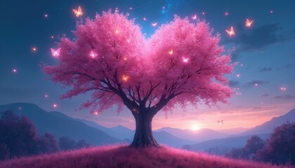 Naklejka premium Fantasy tree with heart shape pink blossoms in twilight. Glowing butterflies fly around luminous tree. Magical night landscape with mountains and starry sky.