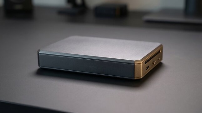 Sleek Metallic External Hard Drive or Hub on Minimalist Dark Desk