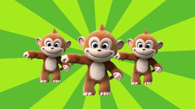 Three cheerful 3D cartoon monkeys standing in a row and dancing against a vibrant sunburst backdrop. Designed for children&rsquo;s entertainment and playful brand messaging.