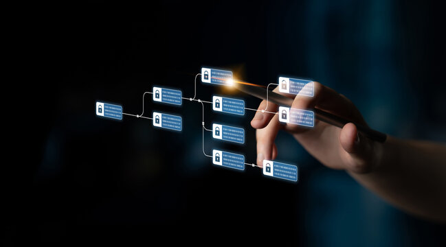 Blockchain structure showing distributed data blocks linked with encryption, representing secure transaction verification, decentralized control, and immutable record system Latch