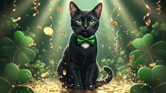 Black cat with green bow tie sitting among shamrocks and gold coins. St. Patrick's Day celebration. Lucky pet, festive animal, holiday concept.