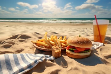 Obraz premium A delicious hamburger and fries served on a sandy beach, accompanied by a refreshing drink. Perfect for showcasing summer beach vibes and outdoor dining.