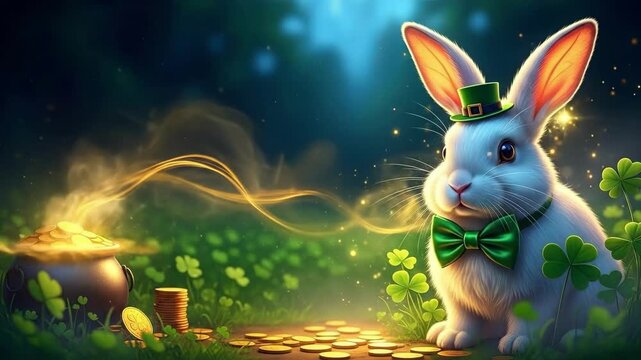 White rabbit in green hat and bowtie with clover and pot of gold. St. Patricks Day celebration. Lucky charm concept for banner.